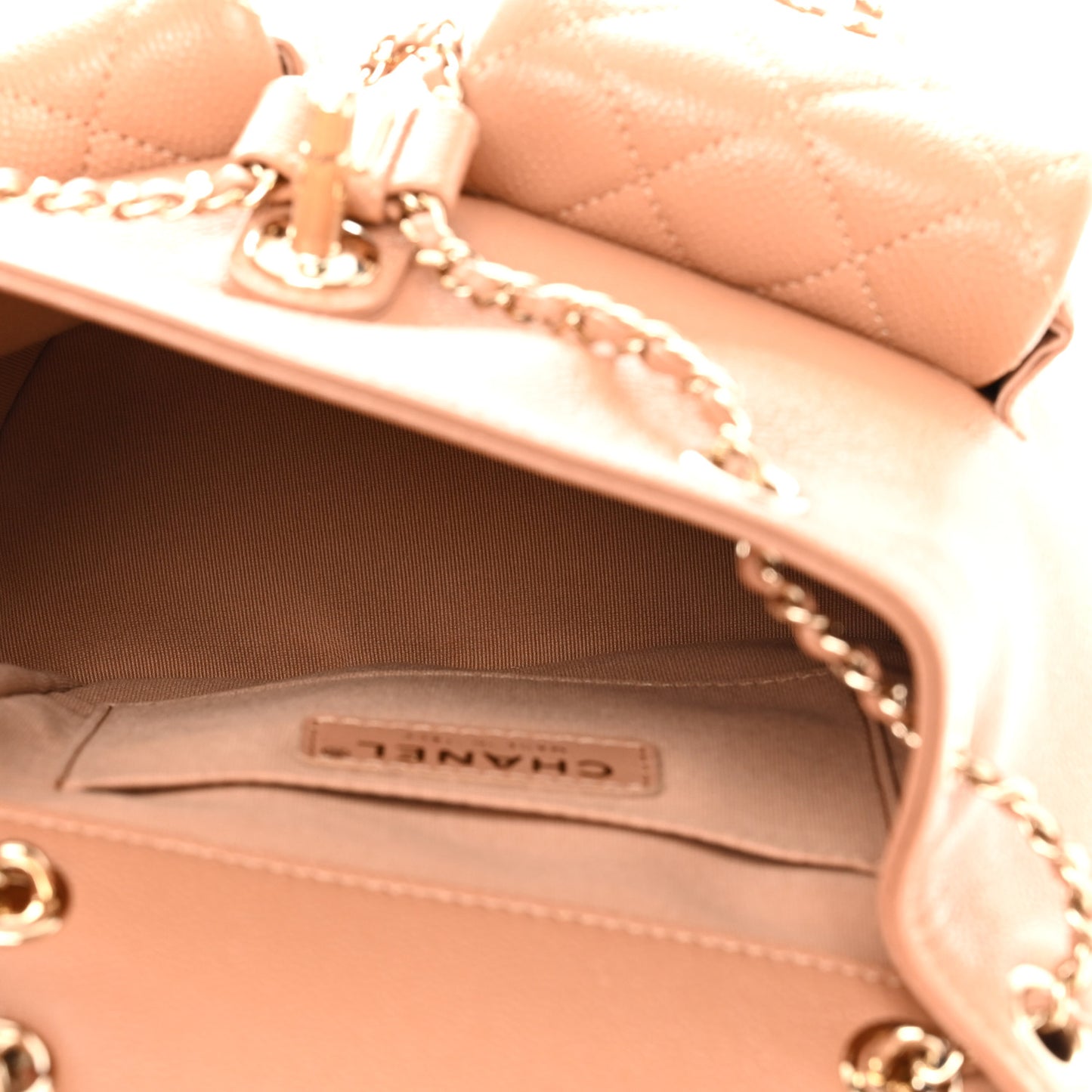 Shiny Caviar Quilted Medium Duma Pockets Drawstring Backpack Dark Beige