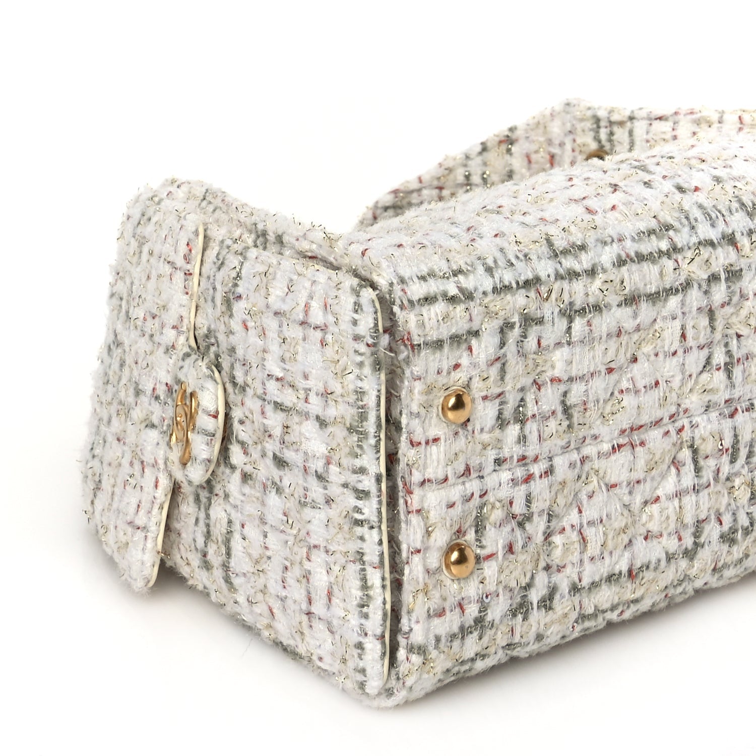 Chanel Tweed Quilted Small  25 Handbag Ecru Khaki Gold Red 8 of 9