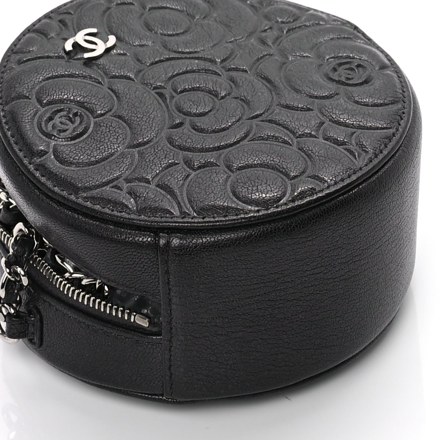 Chanel Goatskin Camellia Quilted Round Clutch With Chain Anthracite 8 of 8