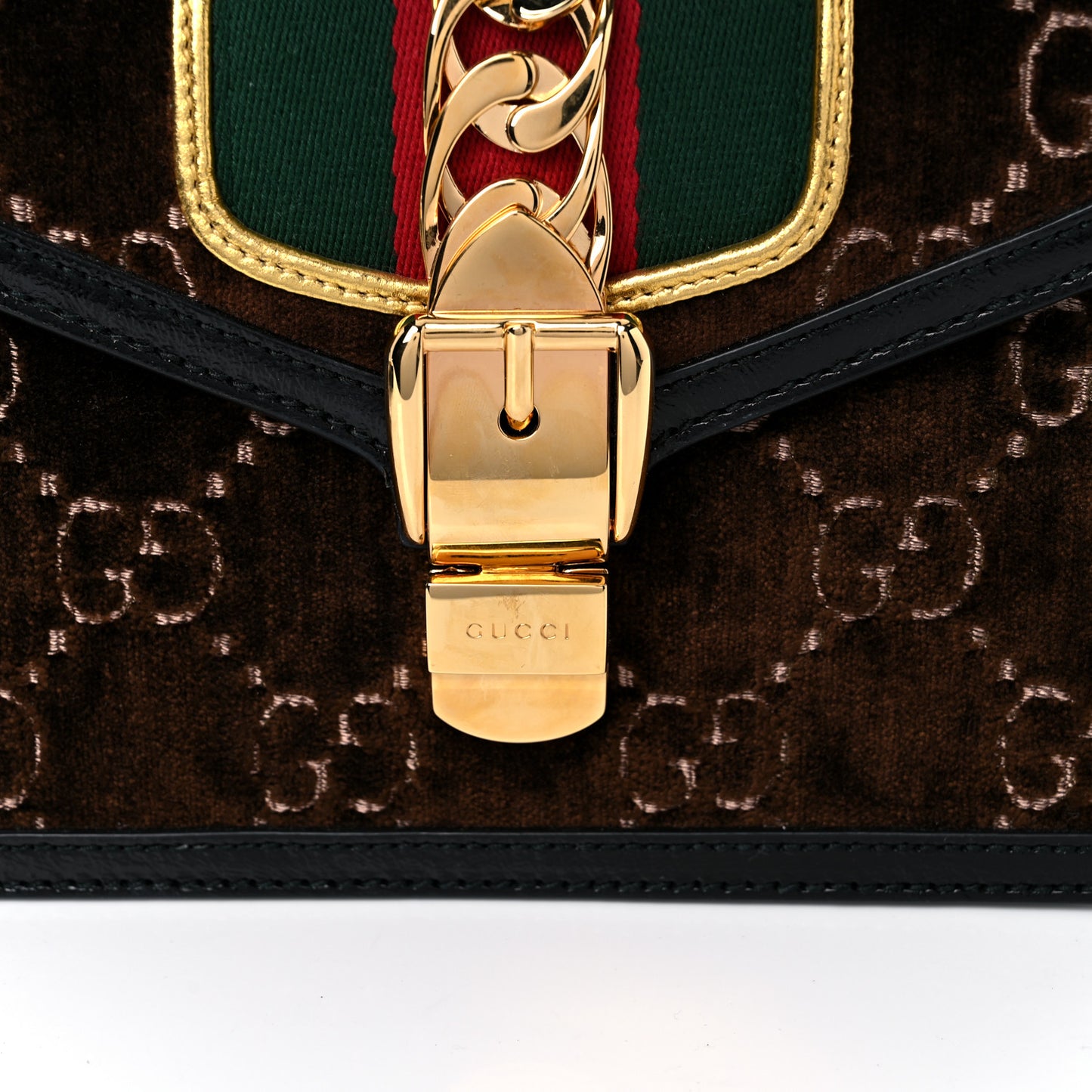 Velvet GG Monogram Web Mini Sylvie Top Handle Bag Brown Black Oro Vecchio