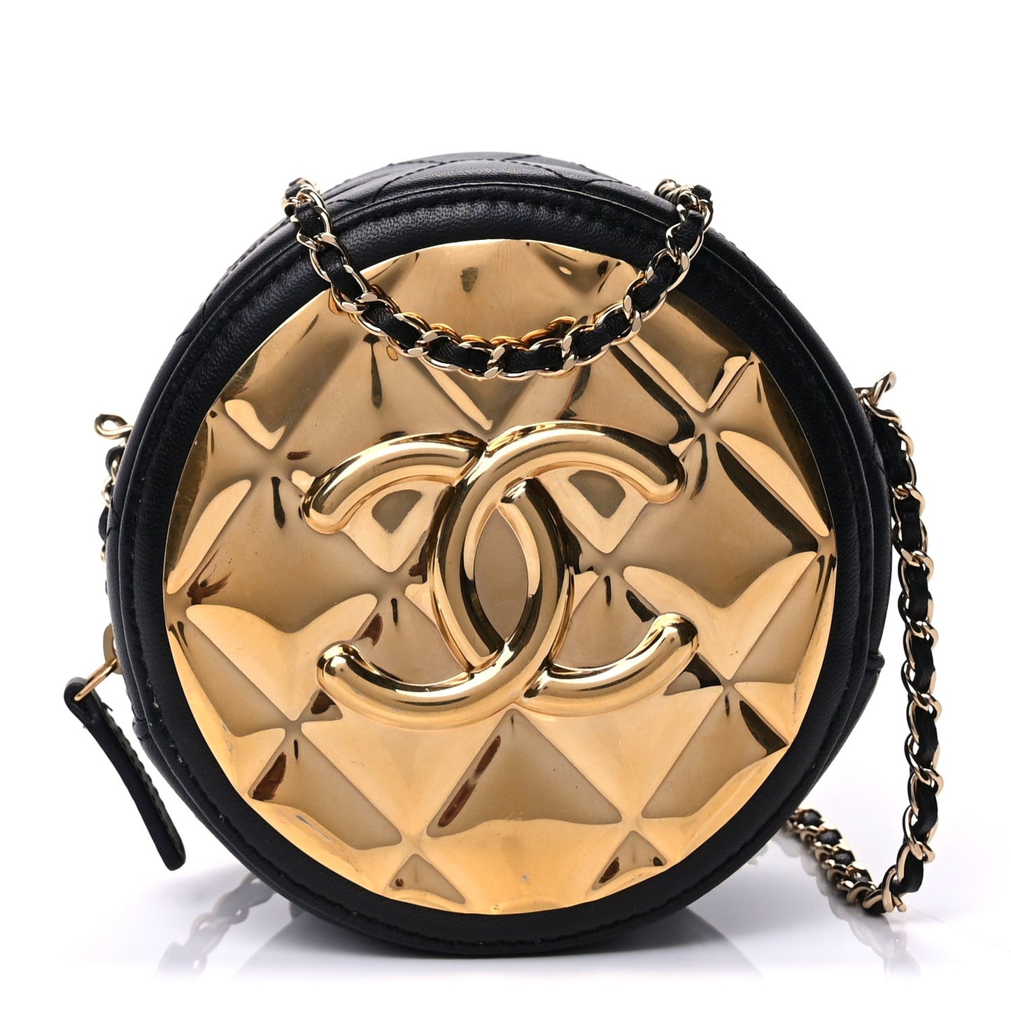 Lambskin Quilted Golden Plate Round Clutch With Chain Black