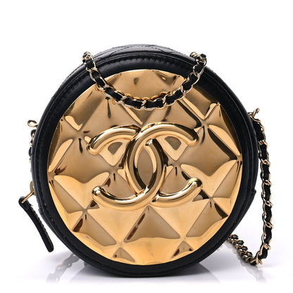 Chanel Lambskin Quilted Golden Plate Round Clutch With Chain Black 2 of 9