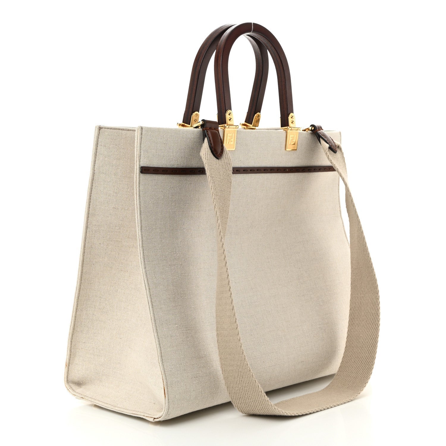Fendi Canvas Vitello King Logo Embroidered Medium Sunshine Shopper Tote Grezzo Ghianda 3 of 7