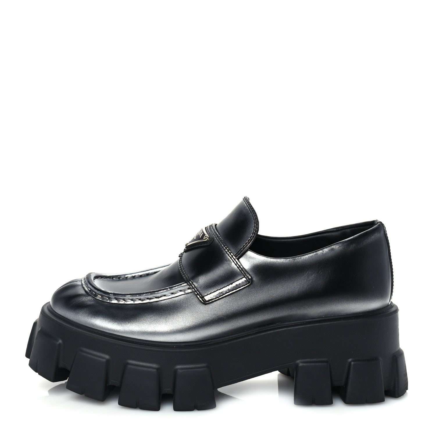 Prada Spazzolato Triangle Logo Monolith Pointy 55mm Loafers 38.5 Silver Black 1 of 8