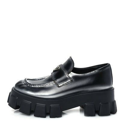 Prada Spazzolato Triangle Logo Monolith Pointy 55mm Loafers 38.5 Silver Black 1 of 8