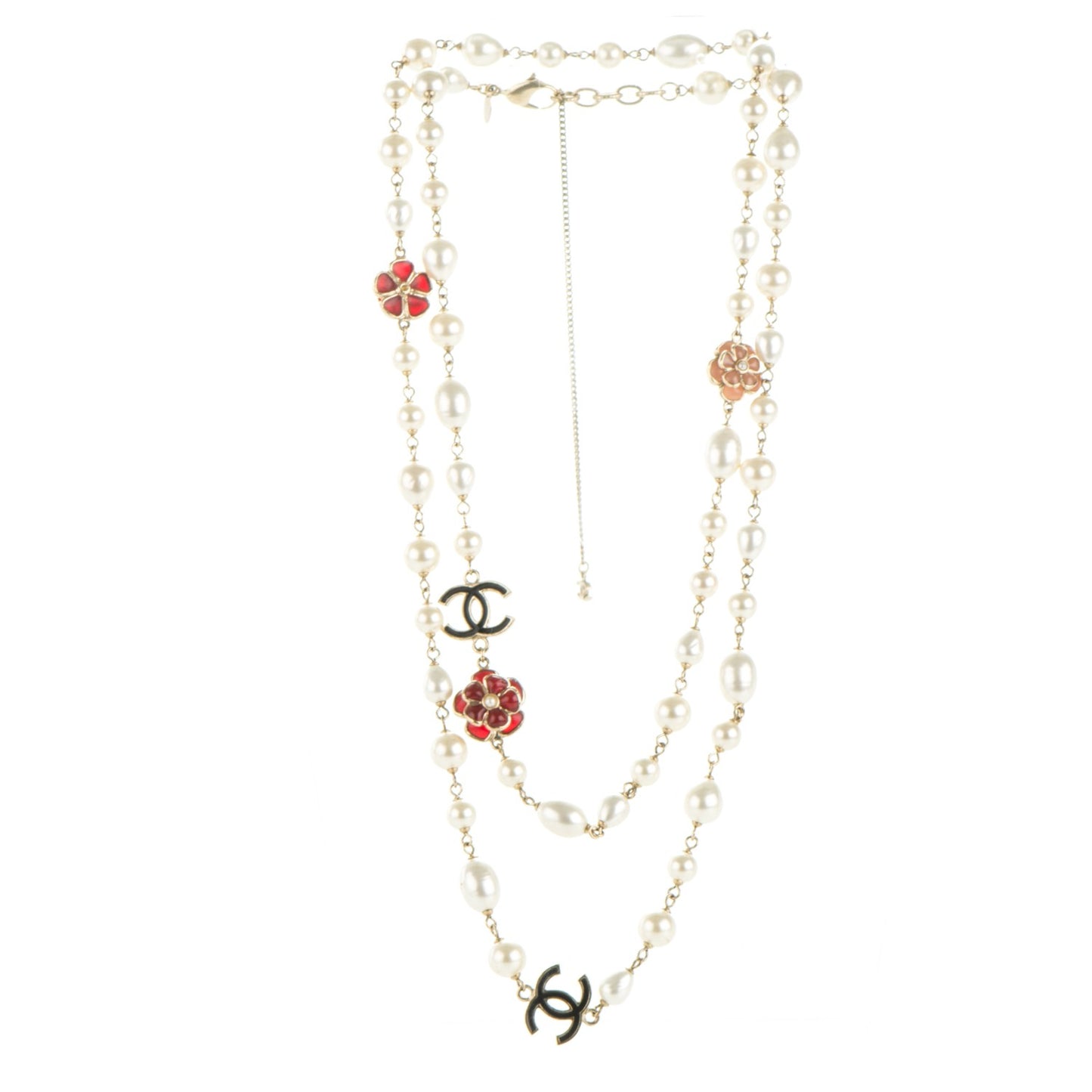 Pearl Enamel CC Camellia Long Necklace Black Red Gold