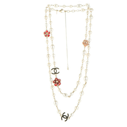 Chanel Pearl Enamel CC Camellia Long Necklace Black Red Gold 3 of 5