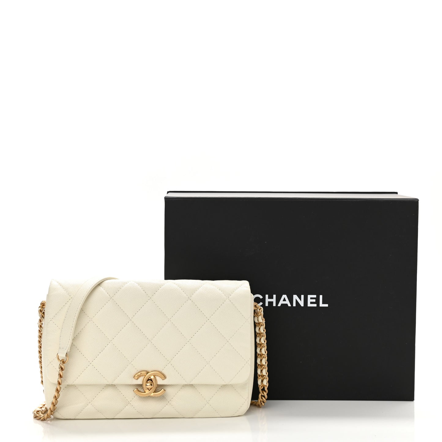 Shiny Caviar Quilted Large Chain Melody Flap White