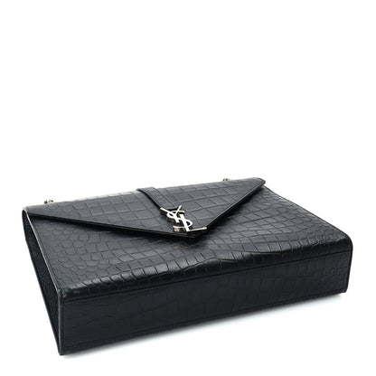 Saint Laurent Calfskin Crocodile Embossed Monogram Large Satchel  Black 3 of 8