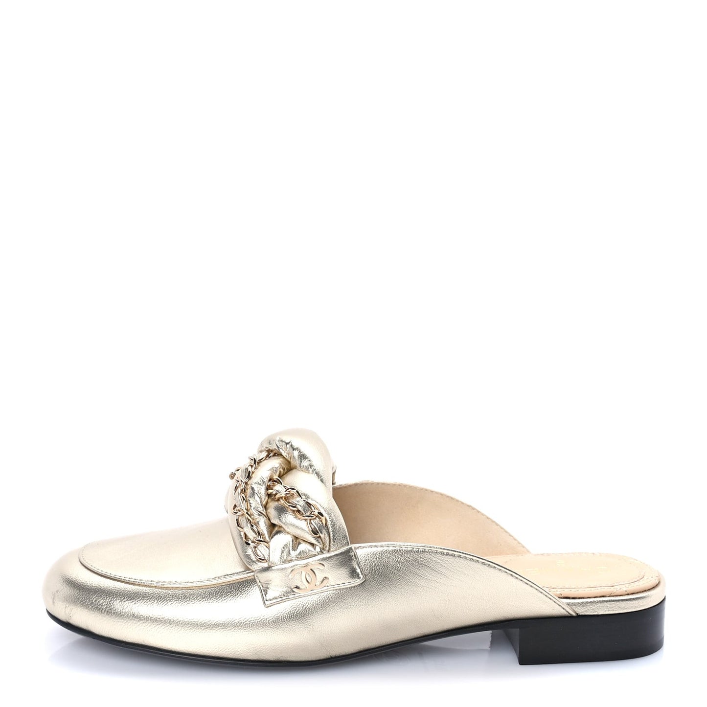 Metallic Lambskin Chain Braided Mules 37.5  Gold