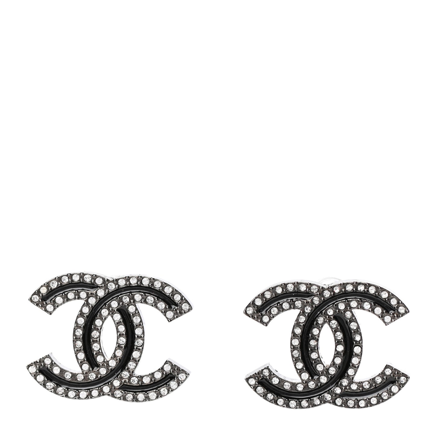 Enamel Crystal CC Earrings Black Silver