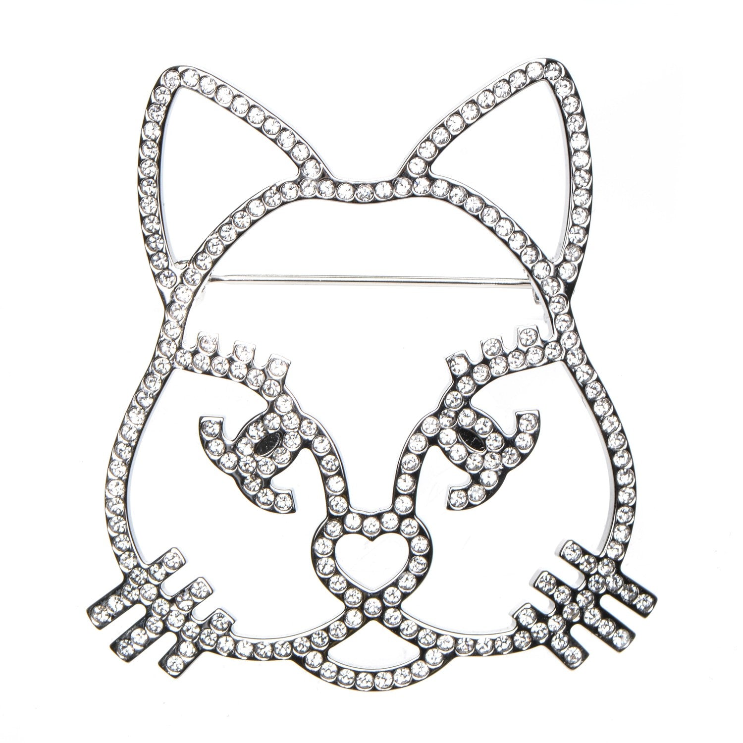 Chanel Strass Crystal Emoji Choupette Cat Brooch Silver 1 of 4