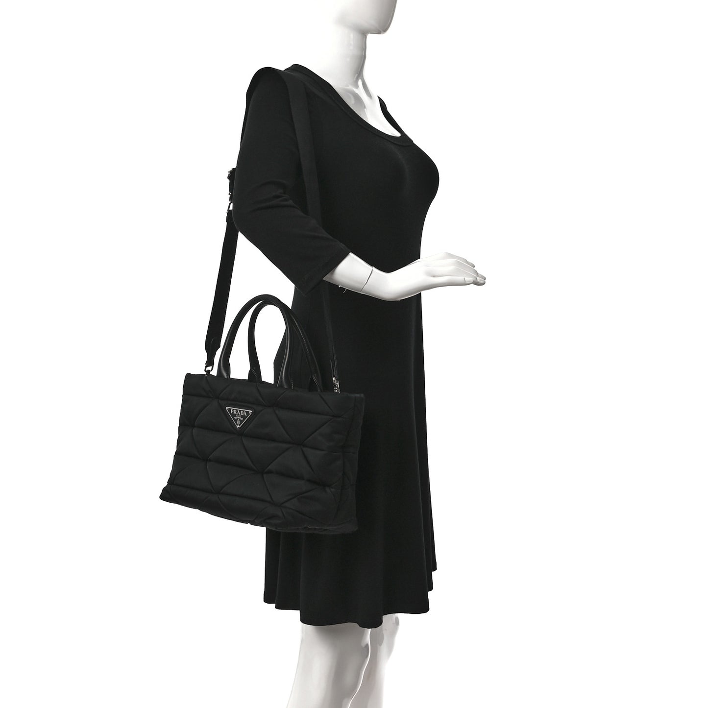 Re-Nylon Nappa Triangle Quilted Padded Small Double Handled Zip Tote Black