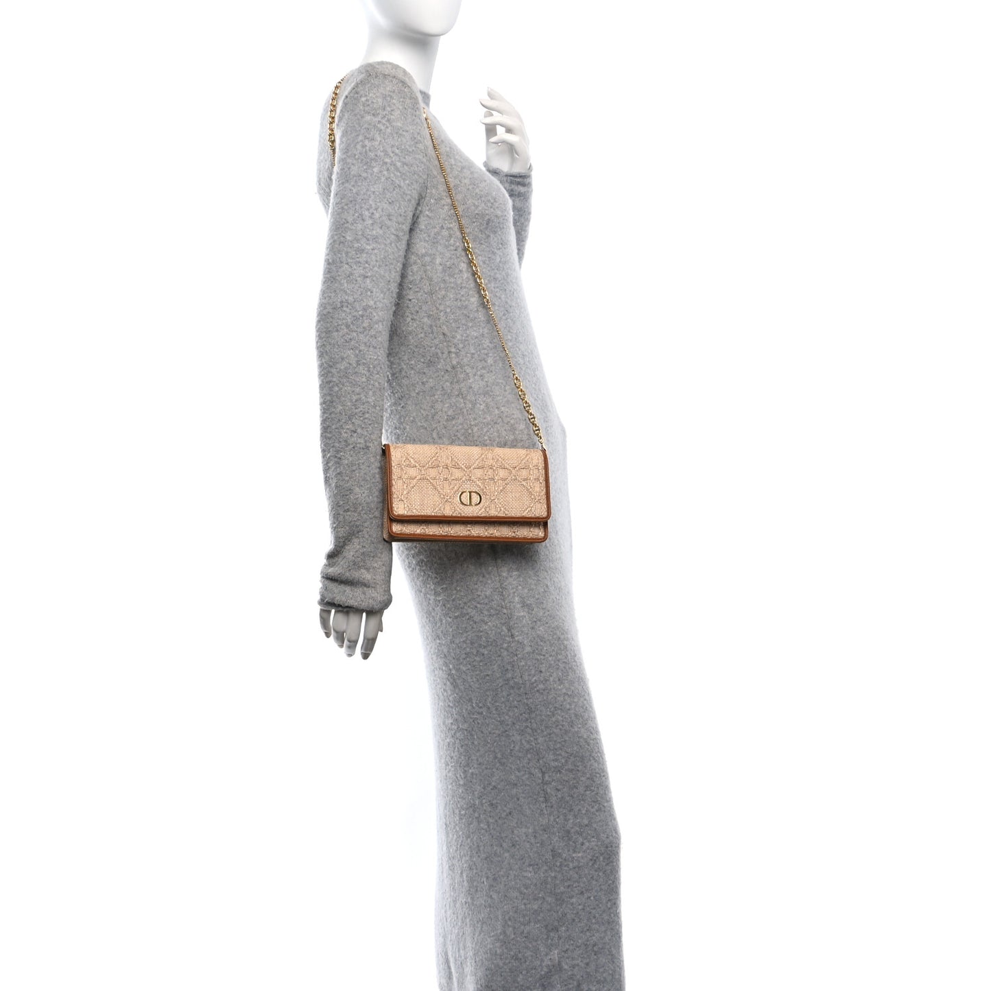 Raffia Macro Cannage Miss Caro Pouch With Chain Natural