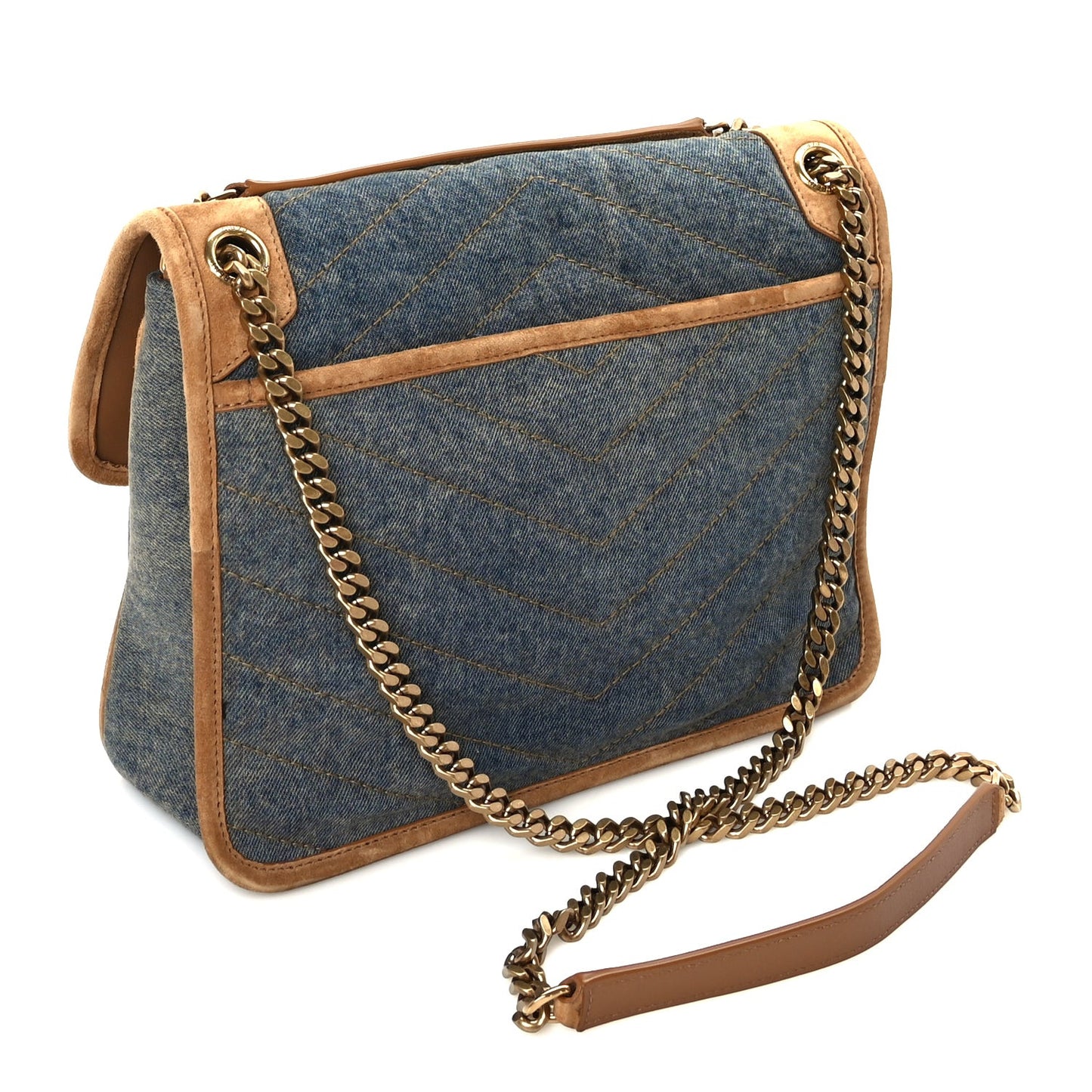 Denim Suede Monogram Medium Niki Chain Satchel  Blue Cinnamon