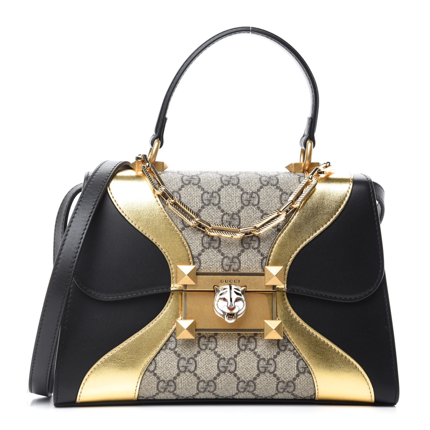 Gucci GG Supreme Monogram Small Osiride Top Handle Bag Black Gold 1 of 10