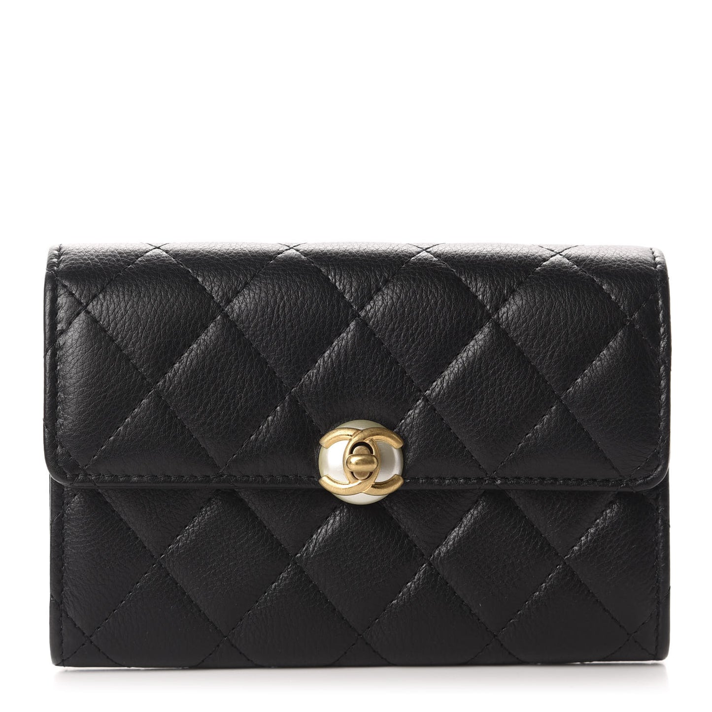 Calfskin Quilted Pearl CC Medium Flap Wallet Black
