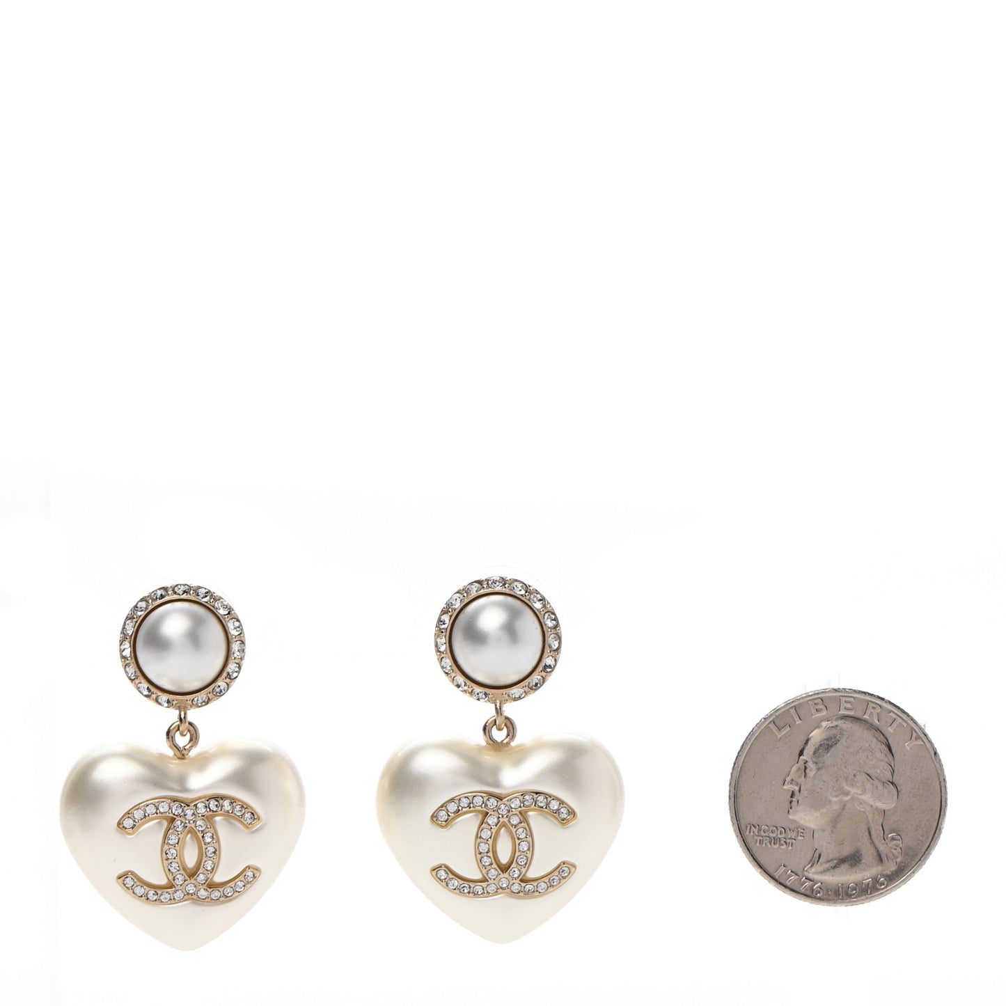 Pearl Crystal CC Heart Drop Earrings Gold