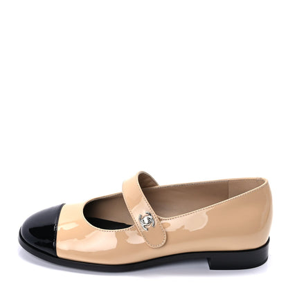 Chanel Patent Calfskin Mary Janes Flats 40 Beige Black 1 of 9