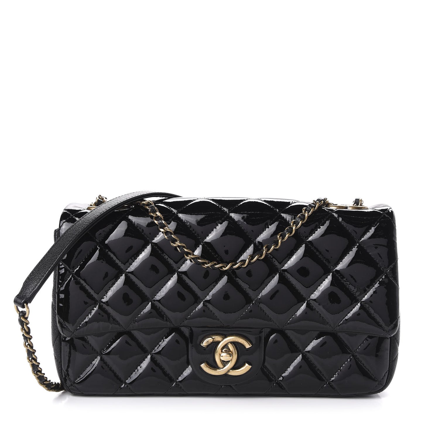 Patent Goatskin Quilted Medium CC Eyelet Flap Black