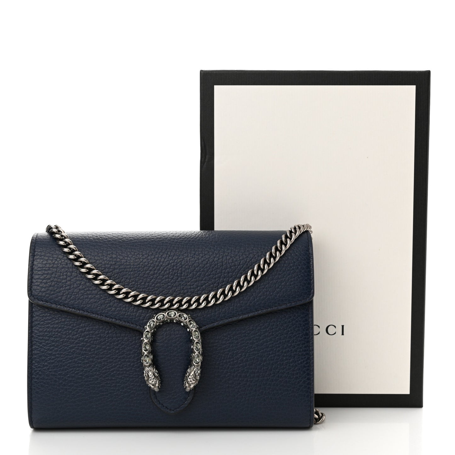 Dollar Calfskin Crystal Mini Dionysus Chain Wallet Blue Agata Black Diamond