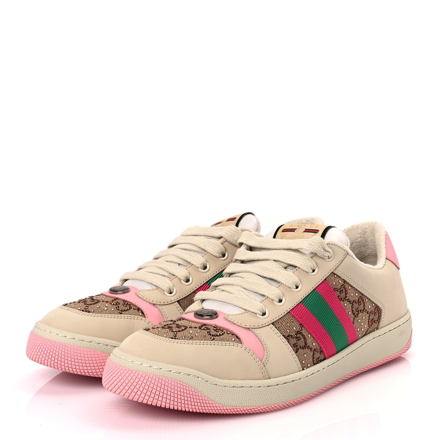 Calfskin GG Supreme Crystals Web Screener Sneakers Beige Ebony Wild Rose