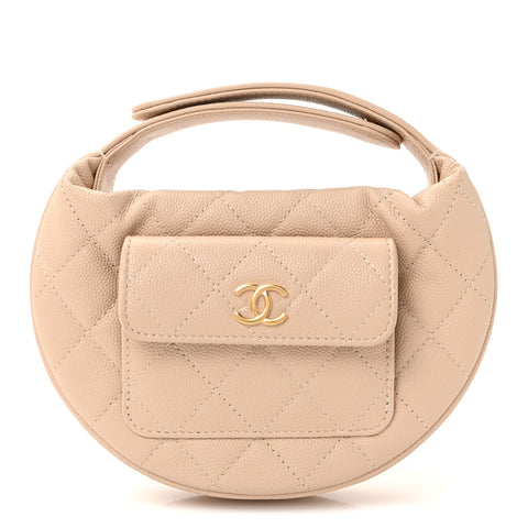 Caviar Quilted Polly Pocket Pouch Hobo Beige