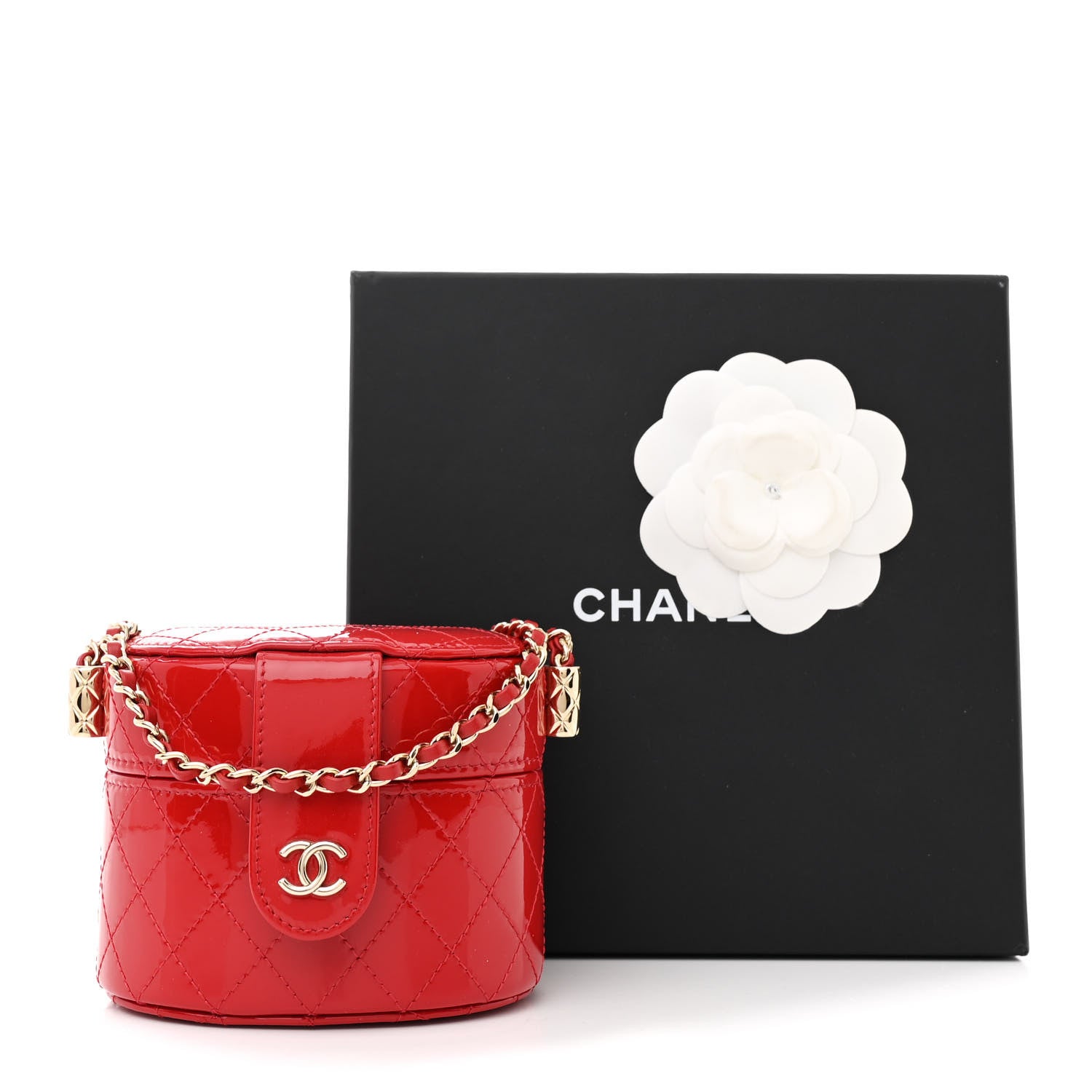 Chanel Patent Quilted Small Round Vanity With Chain Red 11 of 11