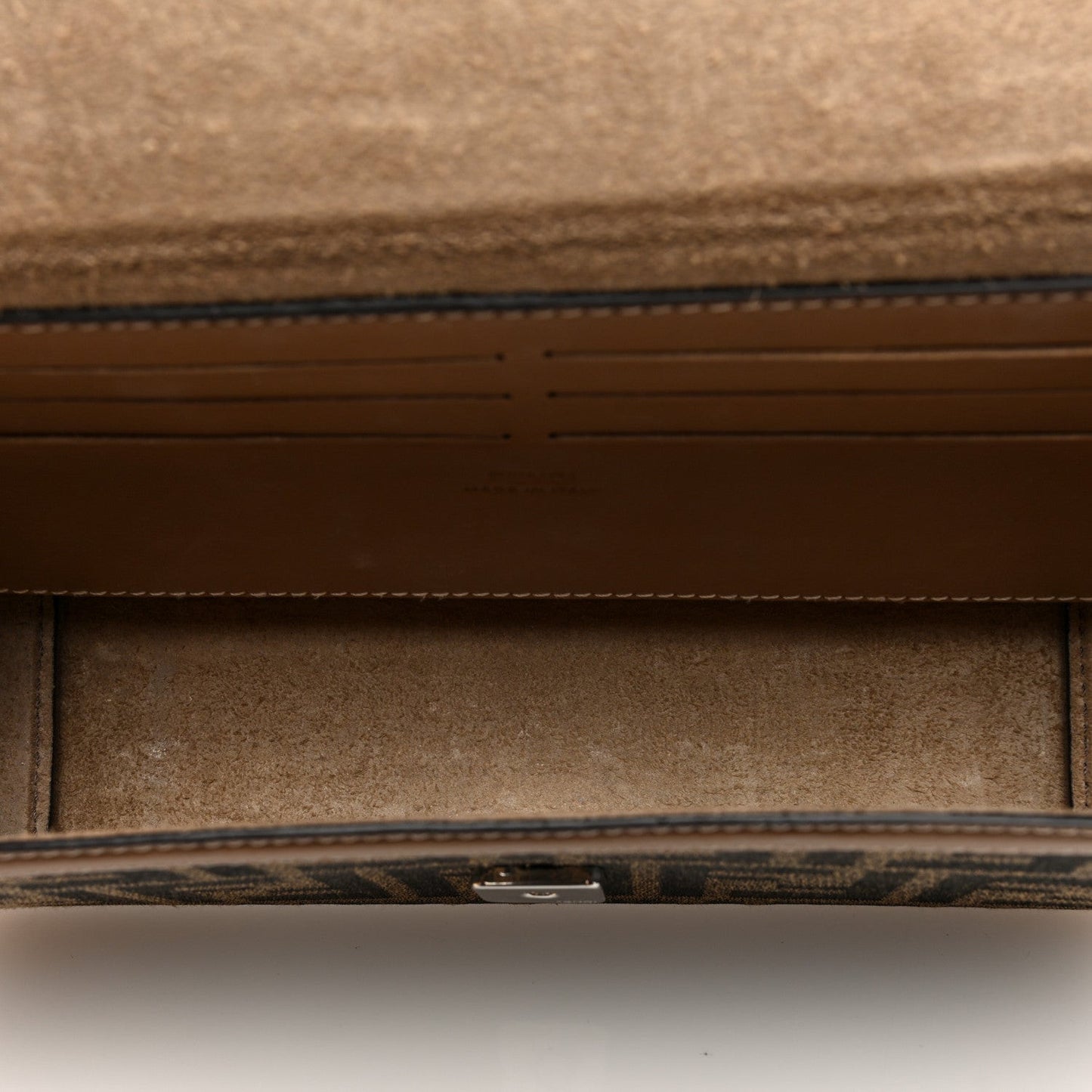 Recycled Fabric Jacquard Vitello King FF 1974 Baguette Soft Trunk Phone Pouch Tobacco Moro Sand