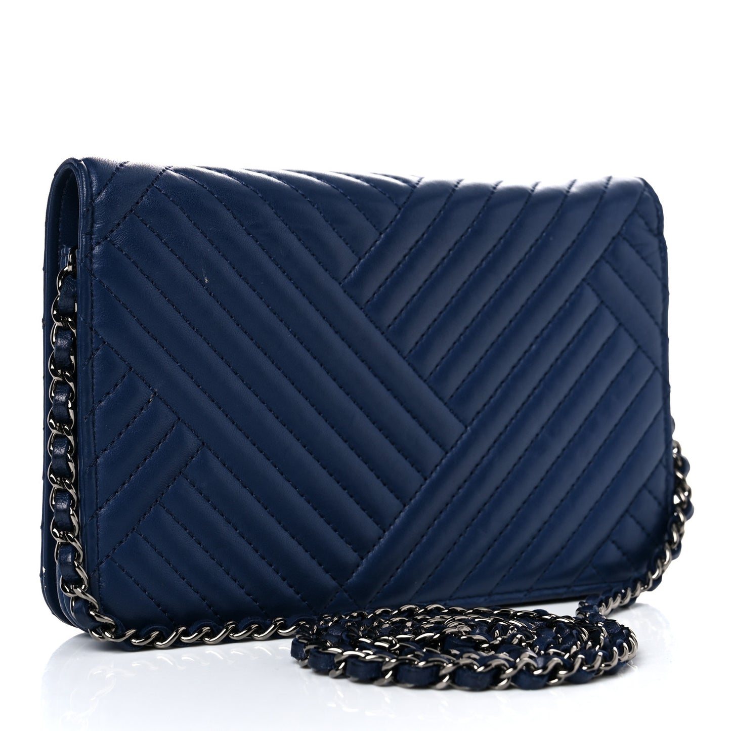 Lambskin Quilted CC Crossing Wallet On Chain WOC Blue