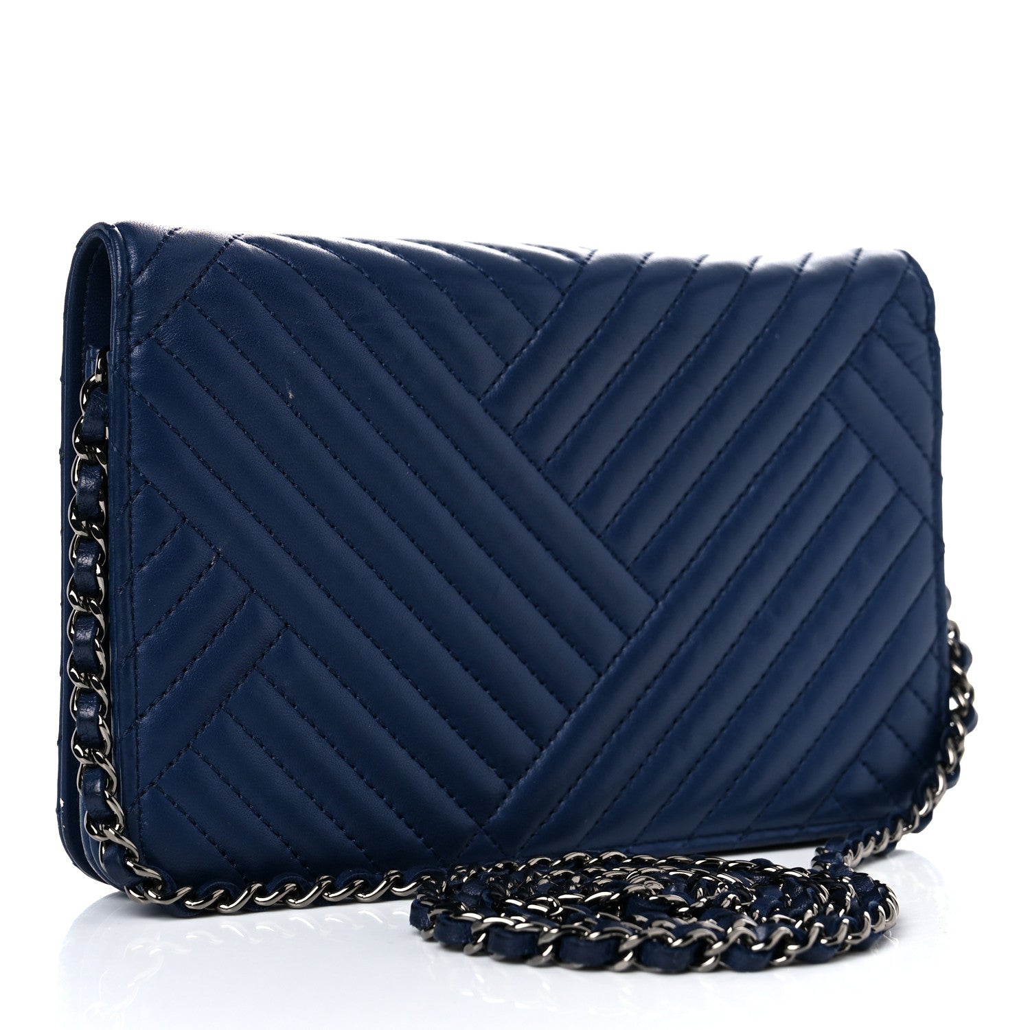 Chanel Lambskin Quilted CC Crossing Wallet On Chain WOC Blue 3 of 23