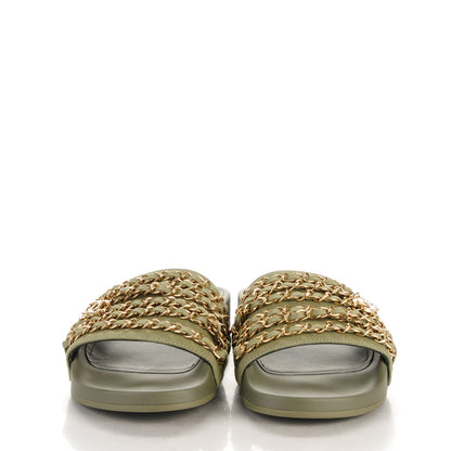 Chanel Lambskin Canvas Chain Flat Sandals 37 Khaki 2 of 8