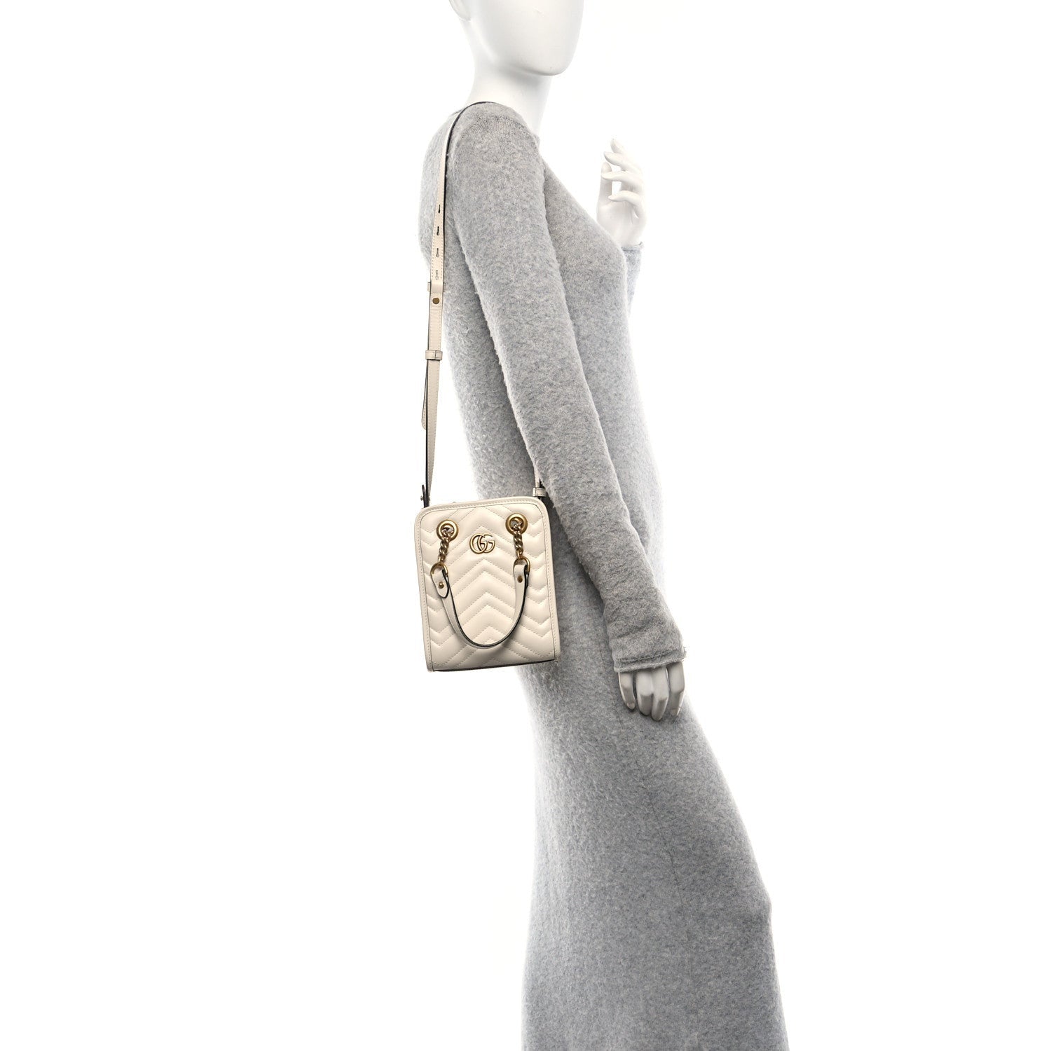 Gucci Calfskin Matelasse Chevron Mini GG Marmont Tote Mystic White 2 of 7