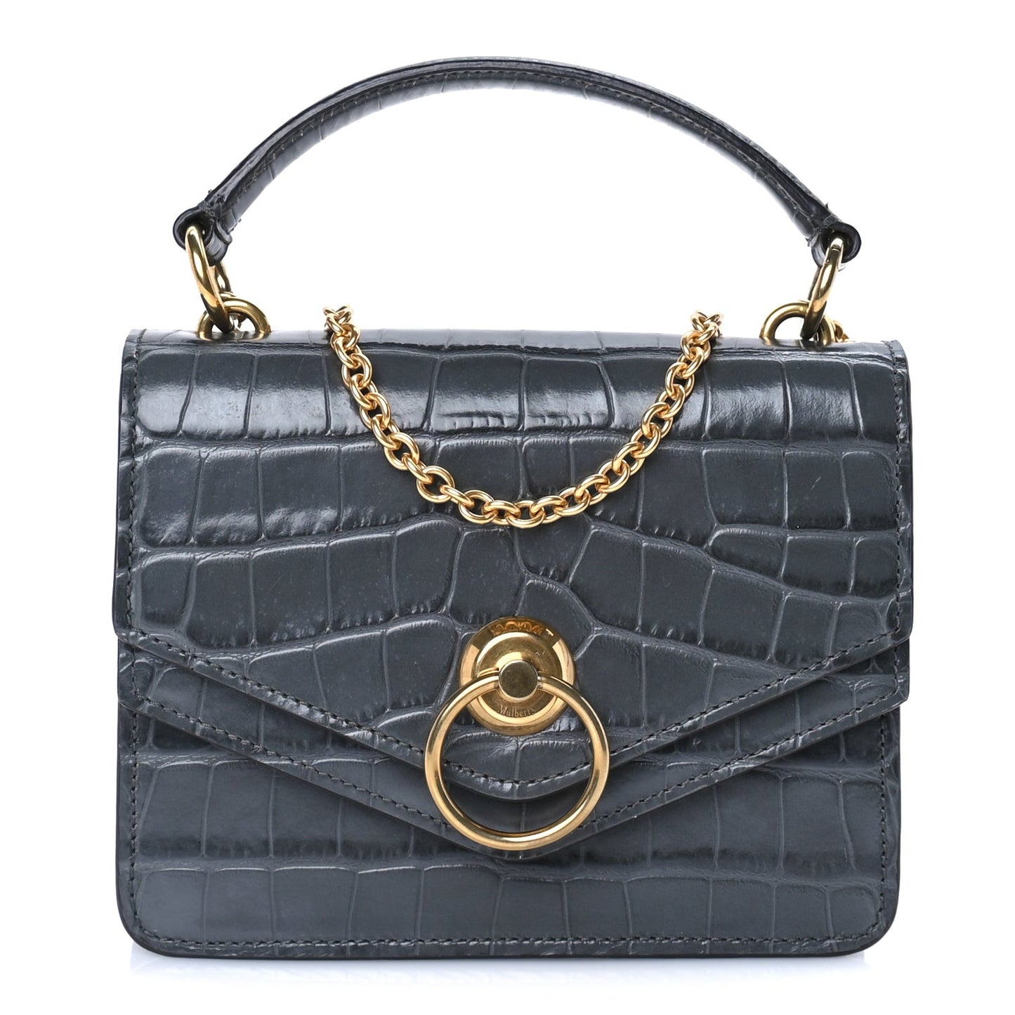Calfskin Crocodile Embossed Small Harlow Satchel Dark Grey