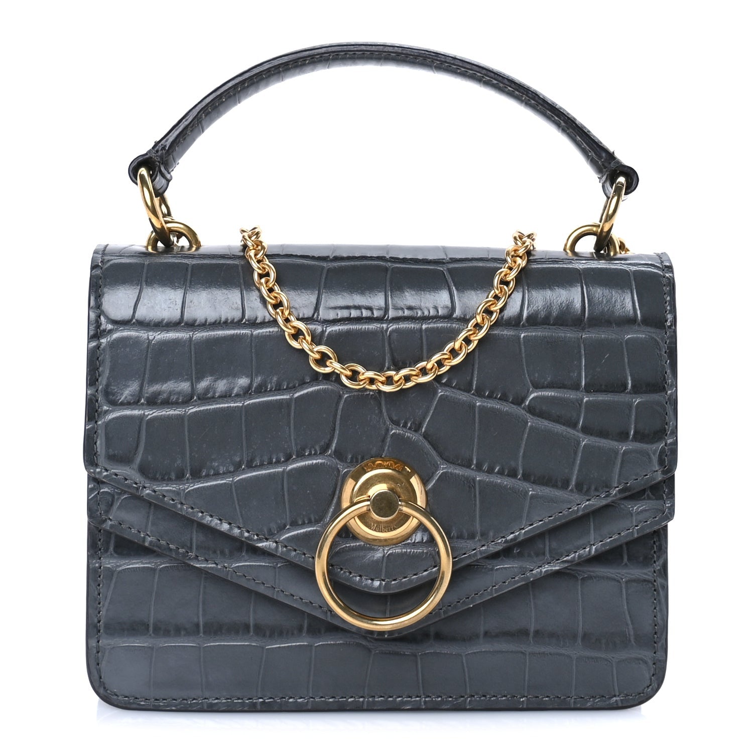 Mulberry Calfskin Crocodile Embossed Small Harlow Satchel Dark Grey 1 of 7