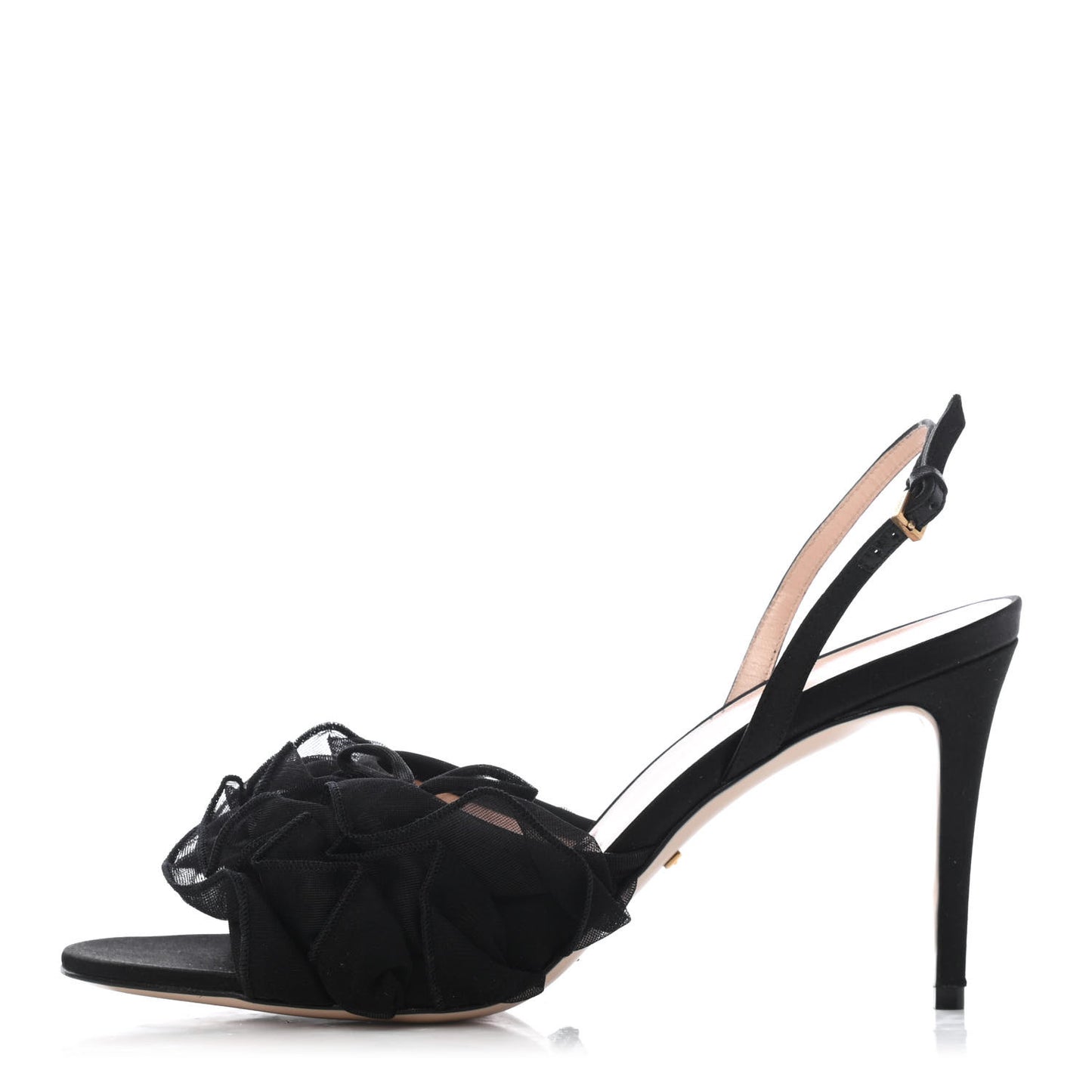 Tulle Ruffle Mid Heel Slingback Sandals 40 Black