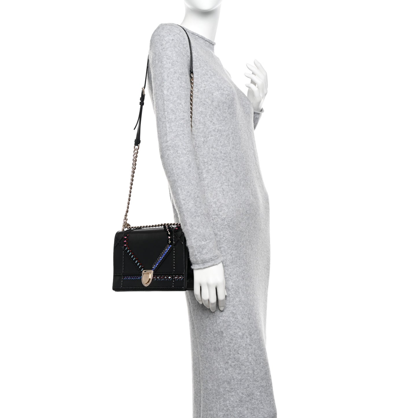 Calfskin Crystal Embroidered Medium Diorama Flap Bag Black