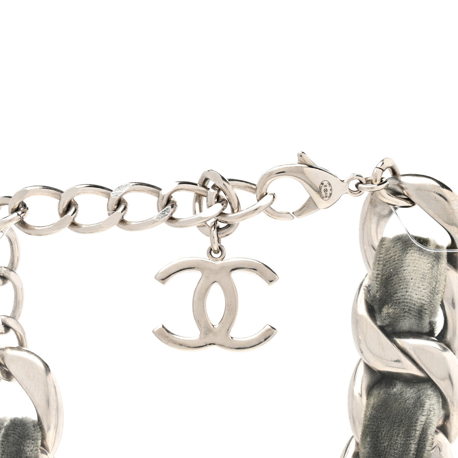 Chanel Velvet CC Chain Link Choker Necklace Silver Grey 4 of 6