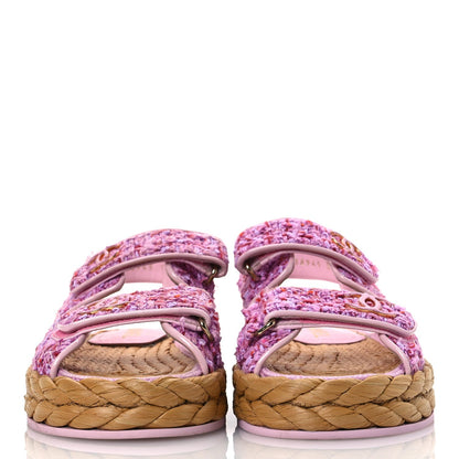 Chanel Tweed Patent Calfskin Velcro Dad Sandals 36 Light Purple Pink Red 3 of 7