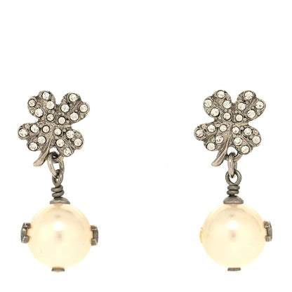 Chanel Crystal Pearl CC Clover Drop Earrings Silver 1 of 6