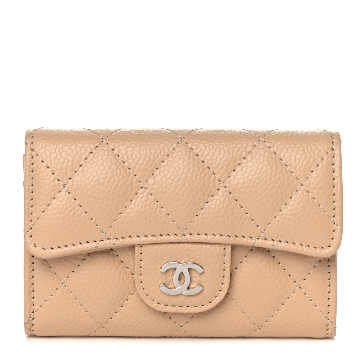 Caviar Quilted Flap Card Holder Wallet Beige
