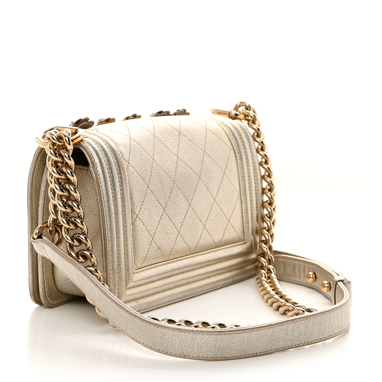 Metallic Calfskin Quilted Camellia Small Boy Flap Gold