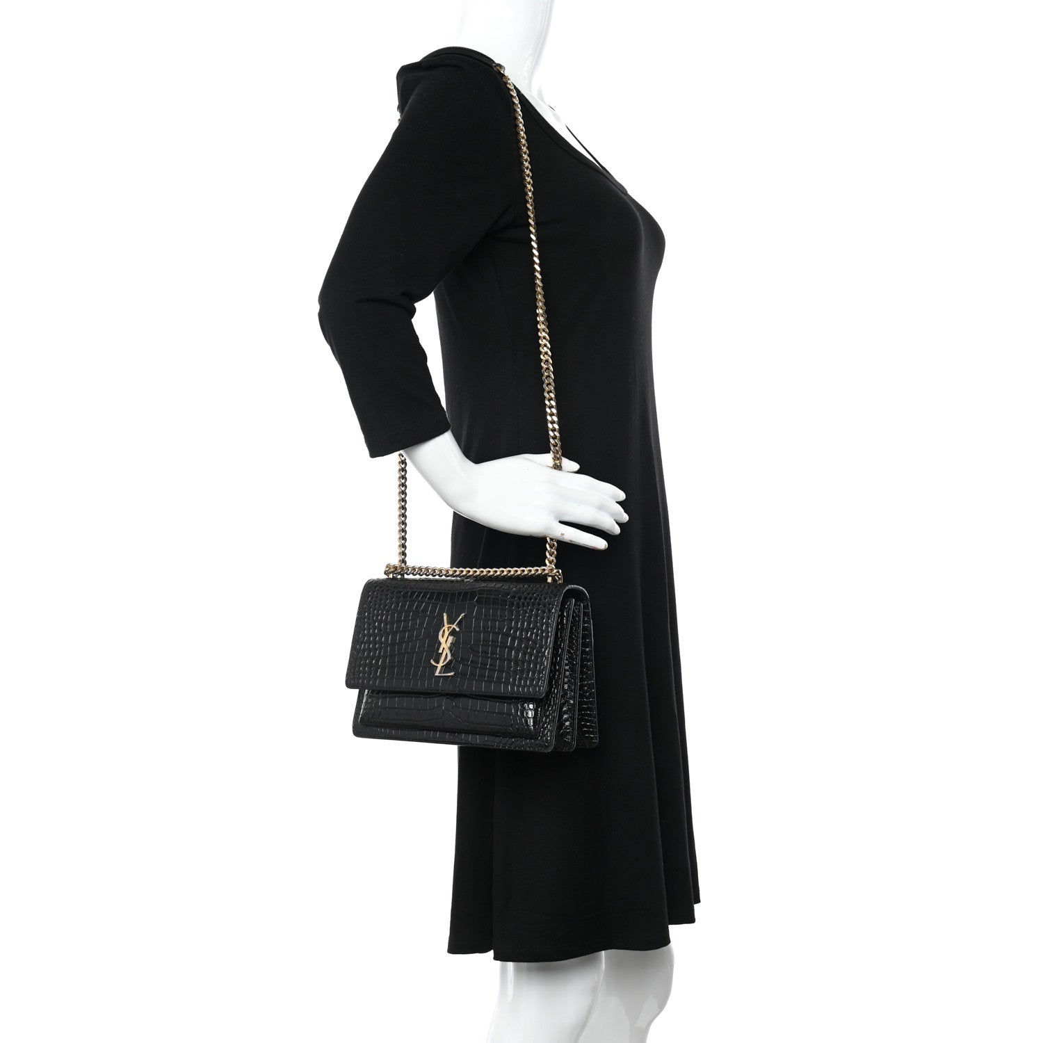 Saint Laurent Calfskin Crocodile Embossed Medium Monogram Sunset Black 2 of 10