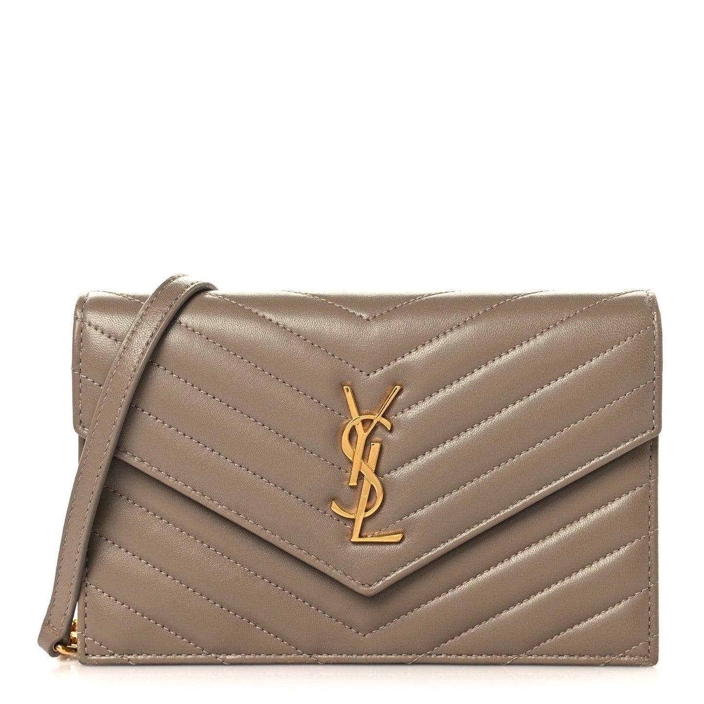 Lambskin Matelasse Chevron Monogram Envelope Chain Wallet Dusty Grey