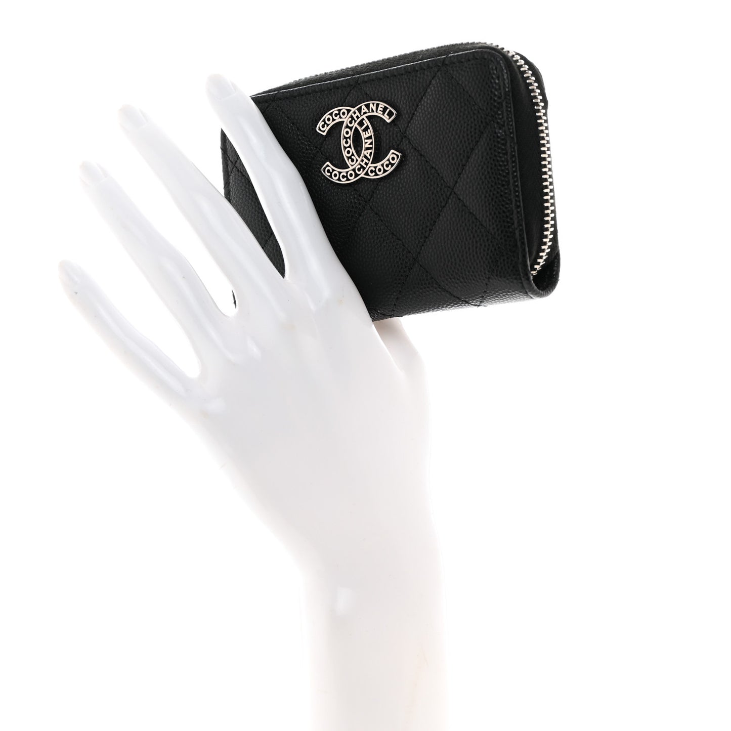 Caviar Quilted Coco Chanel Logo CC Zip Coin Purse Black