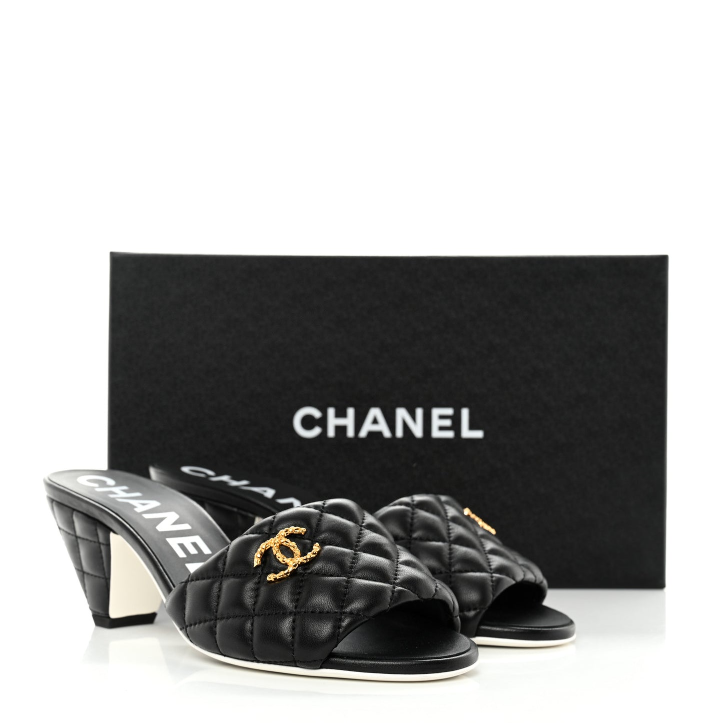 Lambskin Quilted Textured CC Mules 37.5 Black