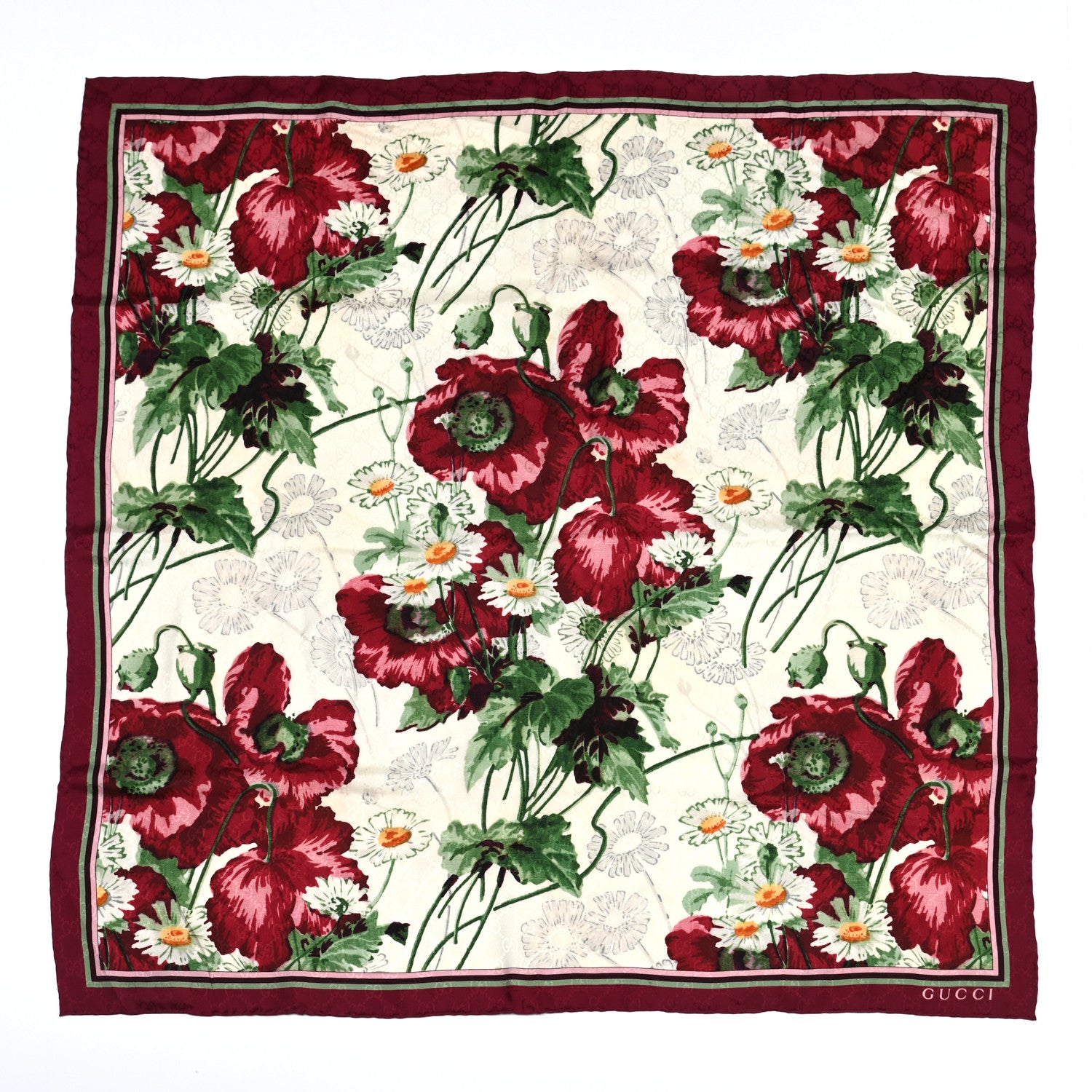 Gucci Silk Jacquard GG Monogram Deep Love Square Scarf Ivory Red 2 of 8