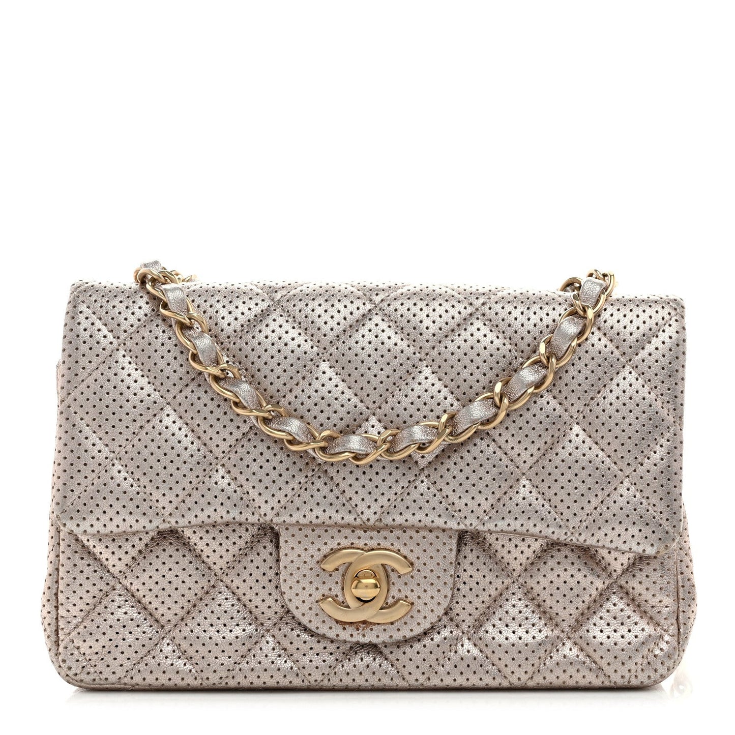 Metallic Lambskin Perforated Mini Rectangular Flap Light Gold