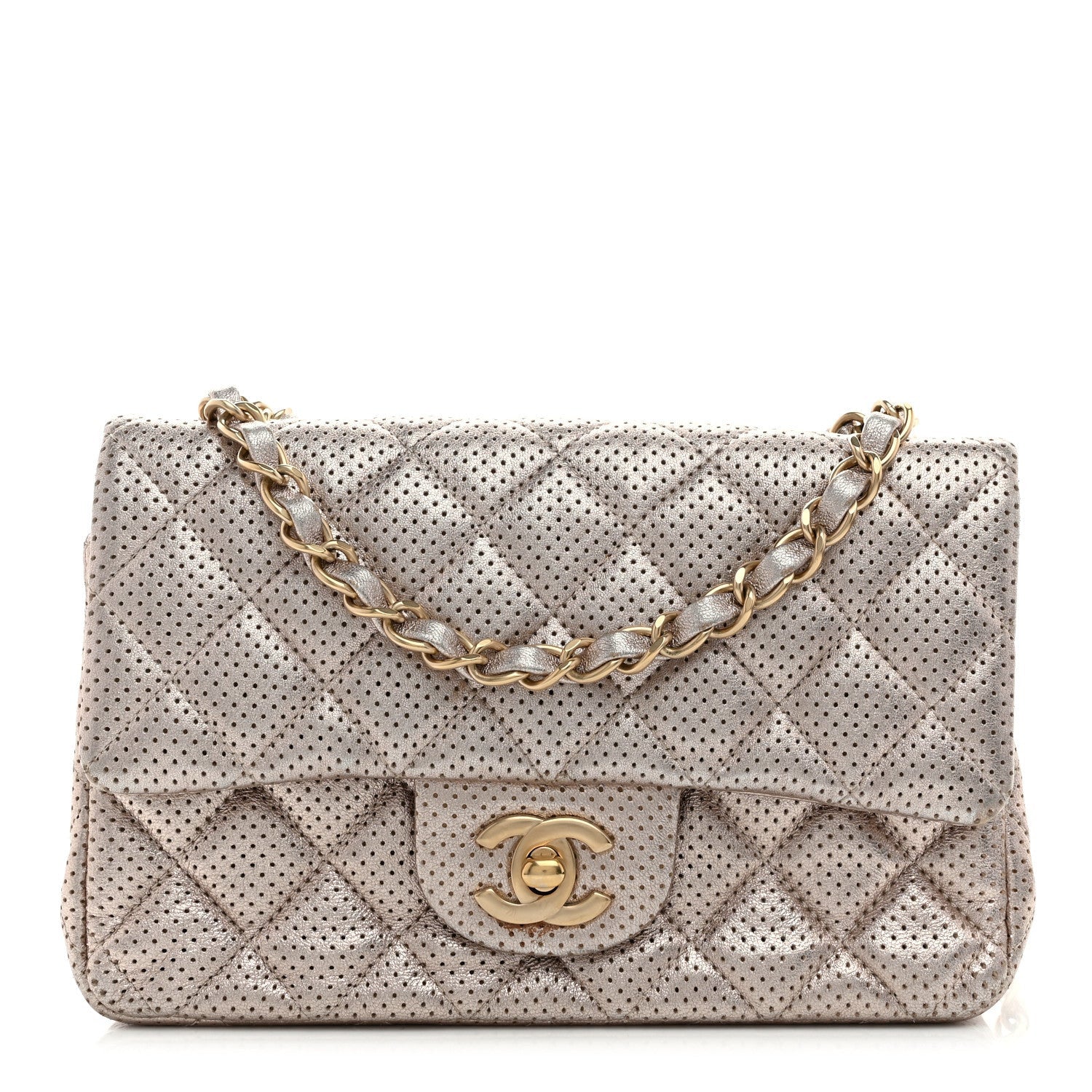 Chanel Metallic Lambskin Perforated Mini Rectangular Flap Light Gold 1 of 7
