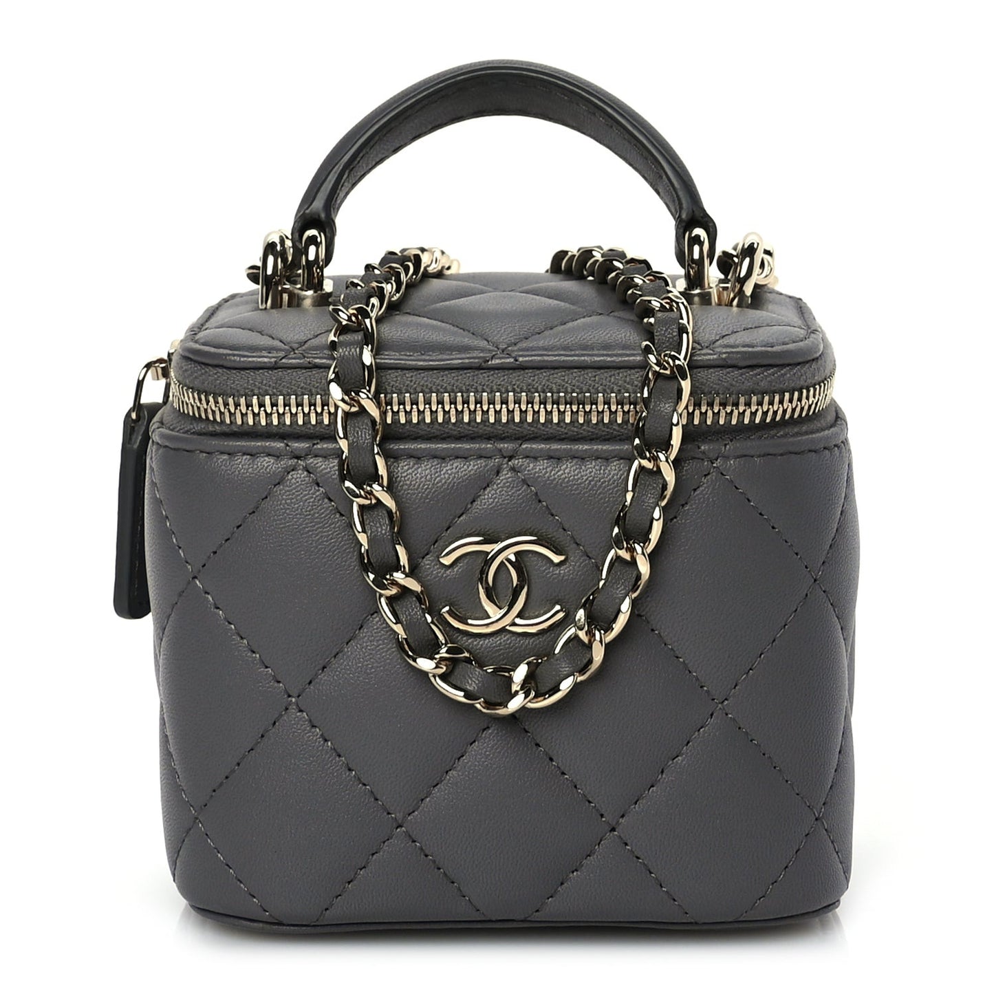 Lambskin Quilted Top Handle Mini Vanity Case With Chain Grey